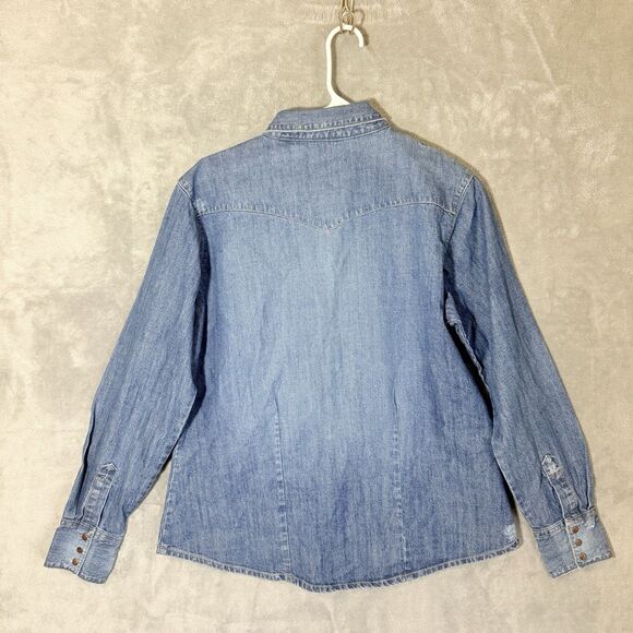 Wrangler Denim L Shirt Long Sleeve Embroidered Snap Chambray Western Floral - Picture 4 of 7